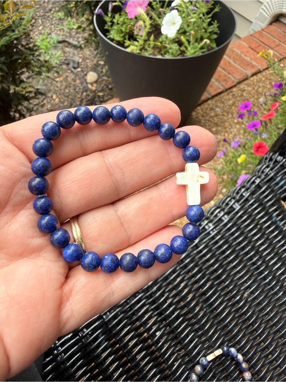 Genuine Lapis Gemstone Bracelet Howlite Cross Stretch Bracelet Men Women7"